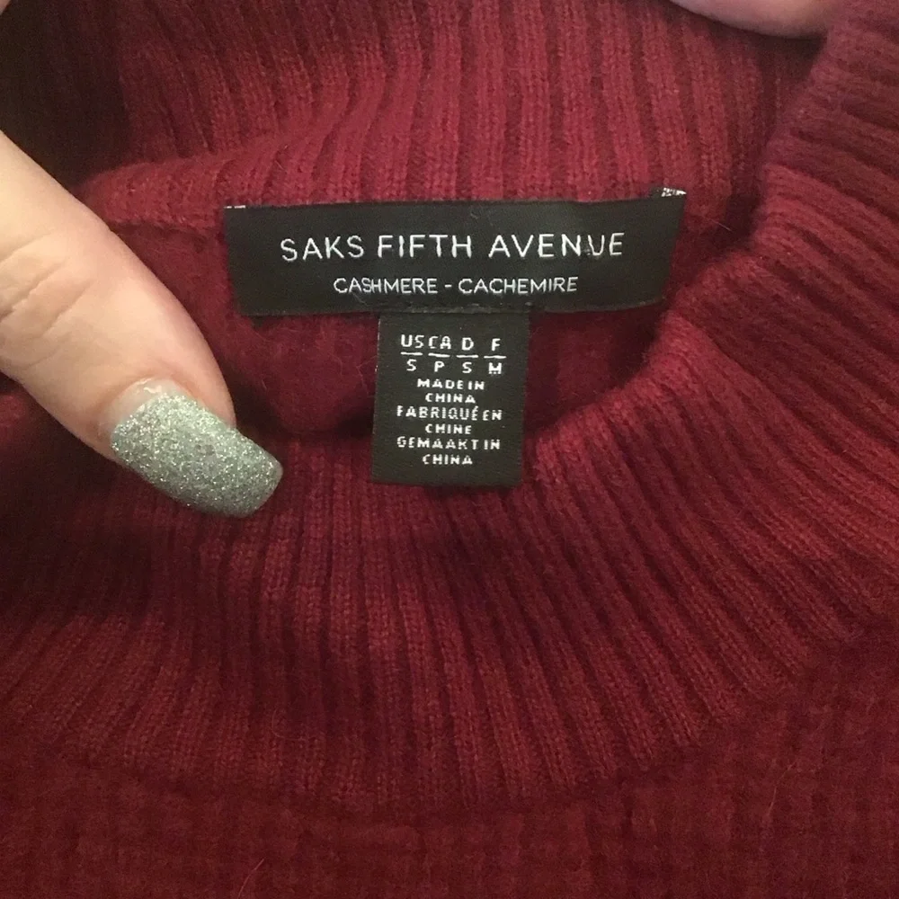 Saks Fifth Avenue‎ Burgundy Crew Neck Waffle Knit Thick 100% Cashmere Sweater S